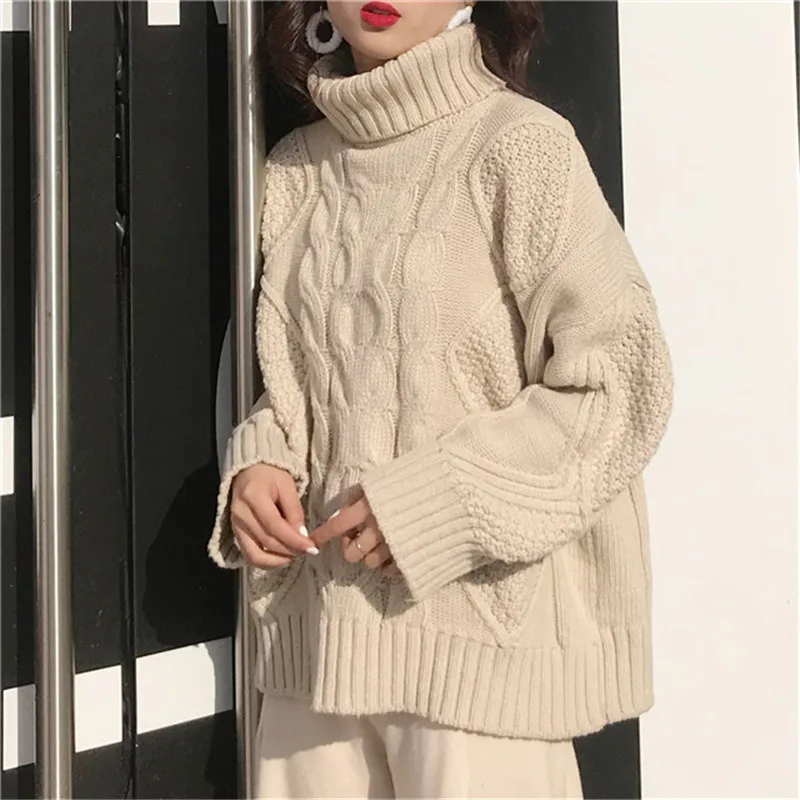 

Twist Fashion New 2019 Loose Thick Turtleneck Sueter Mujer Lace Female Knitted Sweater Pullover Solid Pull Femme Jumper Women