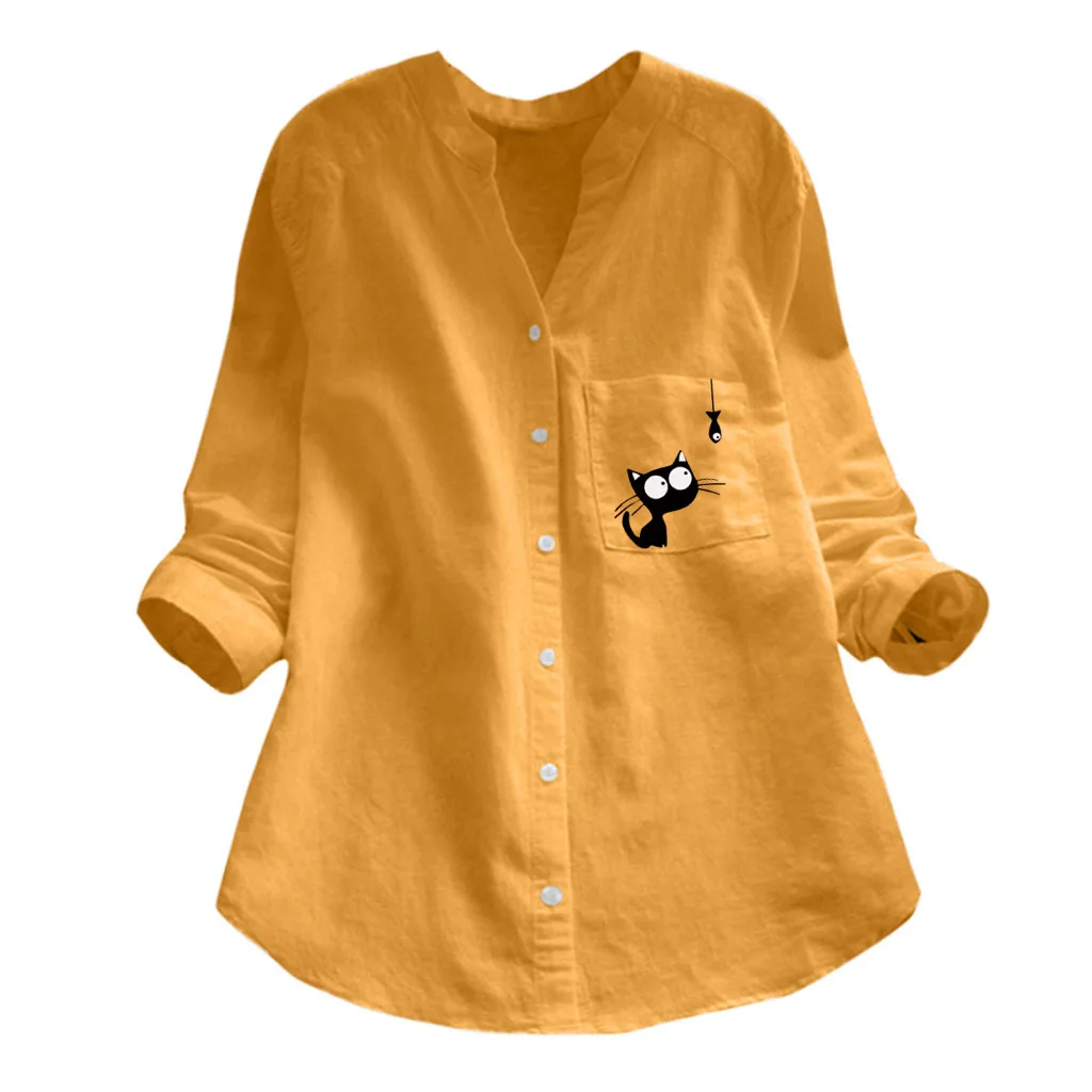 

Women's Cotton Linen Bloues Fashion Long-Sleeve Pocket Cat Printed Tops Ladies Casual Vintage Loose Shirt Plus Size S-3XL