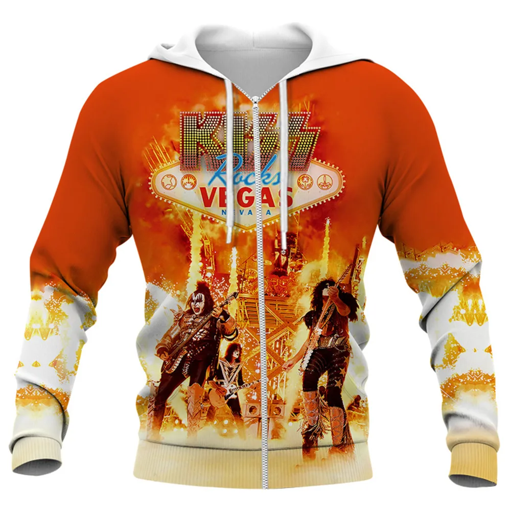 HX Christmas Zip Hoodies 3D Graphics Kiss Band Print Pullovers Tops Fashion Hip Hop Streetwear Harajuku Men Clothing
