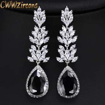 

CWWZircons Brand High Quality Silver Color Long Black Crystal Drop Earring Fashion Cubic Zirconia Women Jewelry CZ382