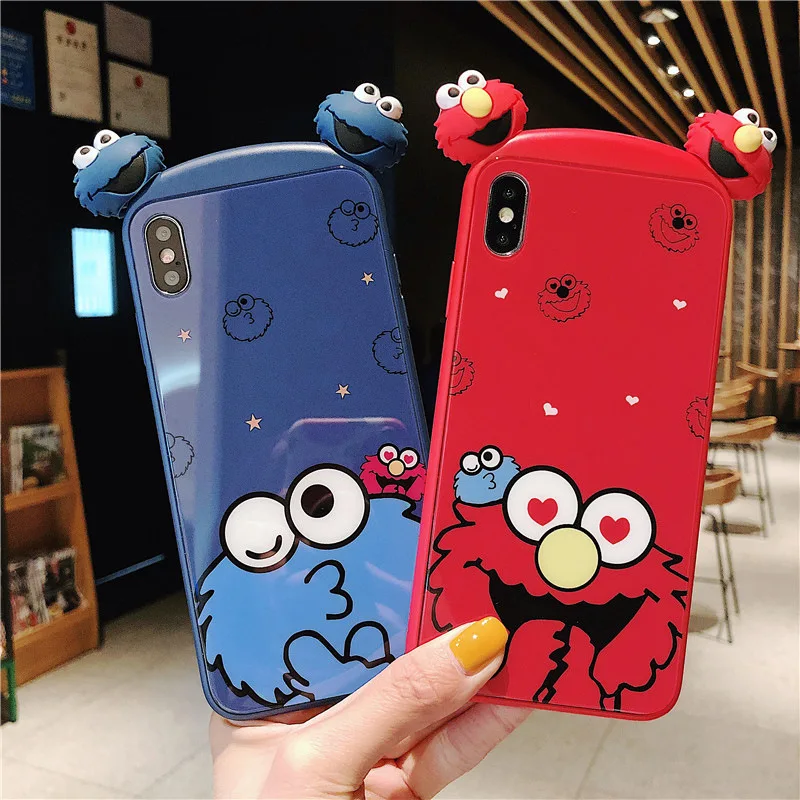 

For Iphone 6 S 7 8 8Plus X XS XR MAX Soft Silicon Phone Cover Cartoon Cute Elmo Cookie Monsters 4 In 1 Case+Lanyard+Holder+Doll