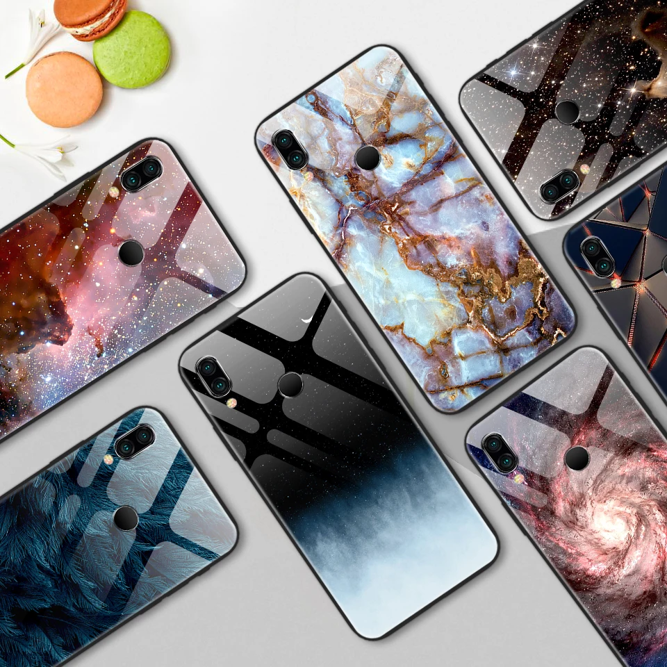 

for Xiaomi Redmi Note 6 Shockproof Fashion TPU Tempered Glass soft Edge Phone Case for Redmi Note 7 Luxury Back Protection Shell