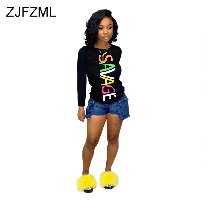 

Colorful Letter Print Sexy T Shirts for Women Round Neck Long Sleeve Slim Autumn Tops Streetwear Causal Plus Size Harajuku Tees