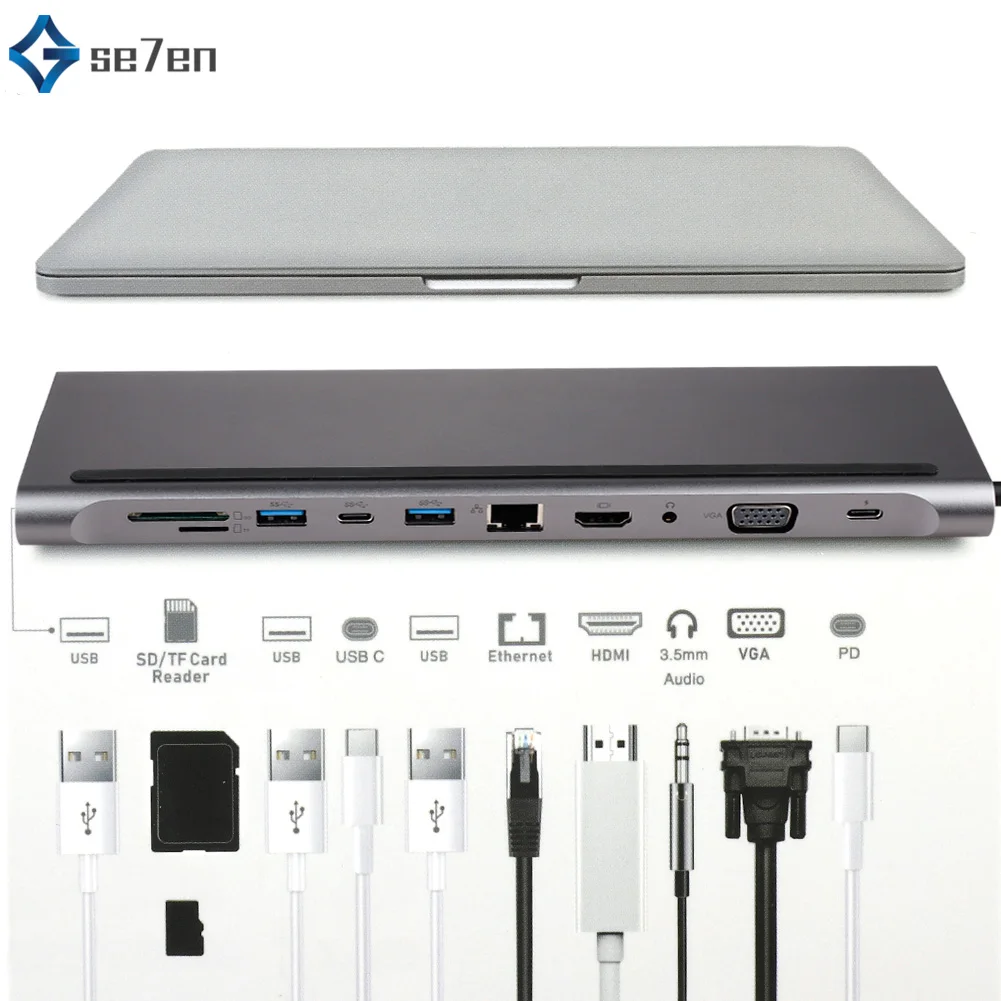 11 в 1 USB-C концентратор type C концентратор USB 3,0 Thunderbolt HDMI VGA 3,5 мм аудио RJ45 адаптер для MacBook Pro samsung Galaxy S9 USB C концентратор