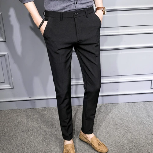 black Корейский Slim Fit Для мужчин костюм штаны Панталоны; цвет черный, темно-синий; однотонные Бизнес Повседневное офисные брюки стрейч Костюмные брюки Для мужчин Большие размеры 36 - Цвет: black