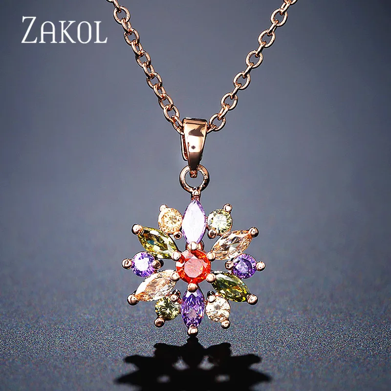 ZAKOL Fashion Rose Gold Color Pendants Flower Cluster Clear Crystal Zirconia Sweet Necklaces For Women Jewelry FSNP2105 - Окраска металла: Multicolour