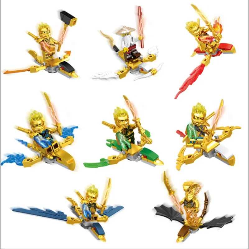 

8Figures+8 Fly Dragons Knights Legoing ninjagoing Golden ninja Masters of Spinjitzu Lioyd Garmadon Toys for Children