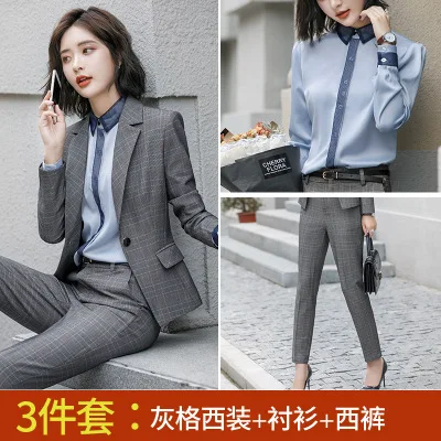 Three-piece pants Ladies suit autumn and winter new casual plaid long-sleeved suit fashion elastic waist pants set two-piece temperament women - Цвет: Three-piece pants
