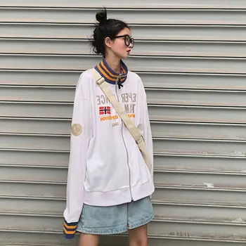 

White Thin Coat Spring Autumn New Casual Loose Letter Print Coats Long Sleeve Zipper Jackets For Women