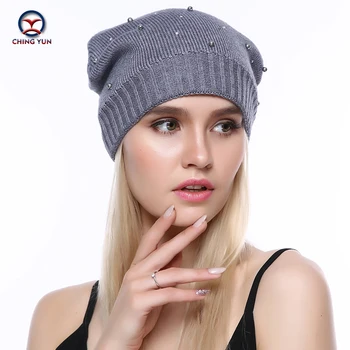 

CHING YUN Cashmere knit hat soft New Fashion Winter Warm Pearl accessories High Quality Wool Female Hat Solid Color Knitted Hat