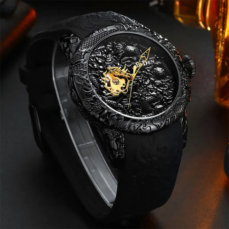 

2019 Luxury Fashion Men's Watch Dragon Shaped Dial Embossed Silicone Strap Mechanical Watch Transparent Skeleton Clock