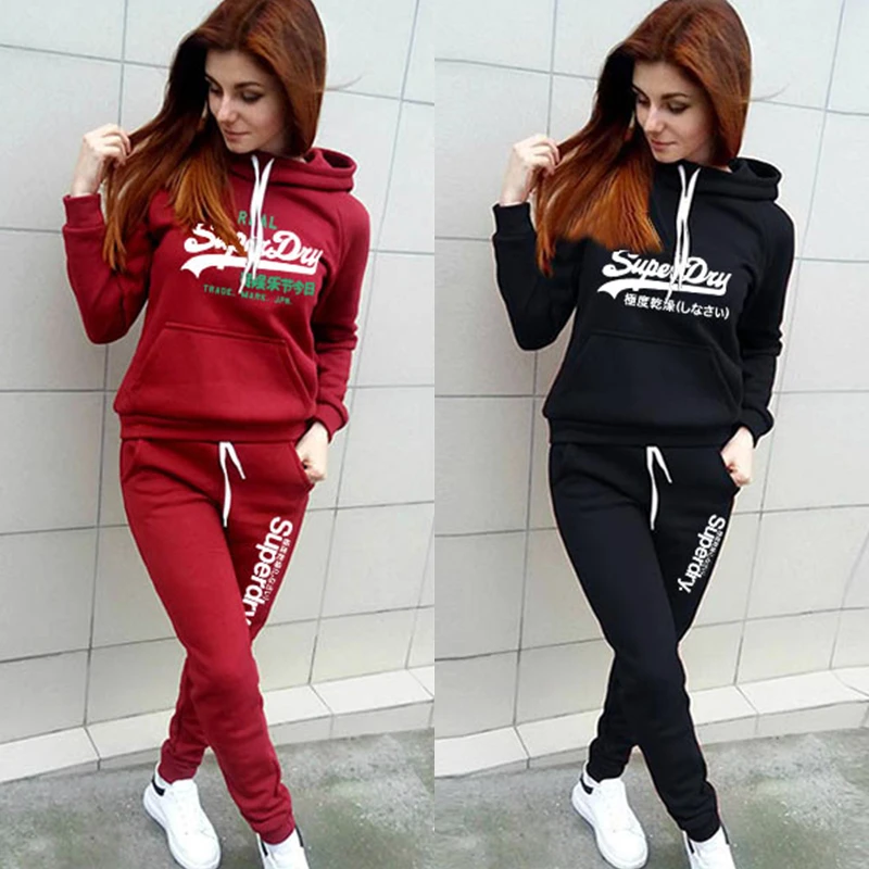 Conjunto de chándal de 2 piezas para mujer, sudaderas con capucha y pantalones negros, trajes deportivos para otoño e invierno, trajes informales de Color sólido para mujer 2021