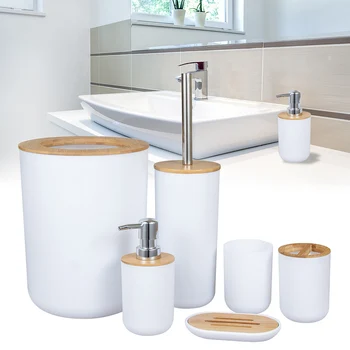 

Bathroom Accessories Set Living Room Dish Cup Shower Space Saving Toilet Brush Soap Dispenser Bamboo Wooden Waste Bin Kitchen
