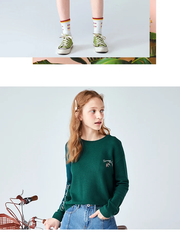 SEMIR, свободная верхняя одежда, свитер для женщин, круглый вырез, спущенные плечи, рукав, вязаный свитер, контрастный цвет, вышивка, теплые топы для девочек