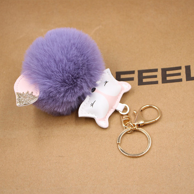 Ball Keychain Charm Key Ring Cute Leather Fox Keyring Plush Fluffy Pompom Faux Rabbit Fur Ball Bag Car Key Charms Accessory
