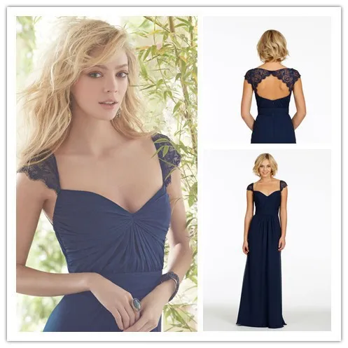 

Cheap Navy Blue Lace Cap Sleeves Long Bridesmaid Dresses 2015 Maid of Honor Dresses With Sleeves vestido de festa de casamento