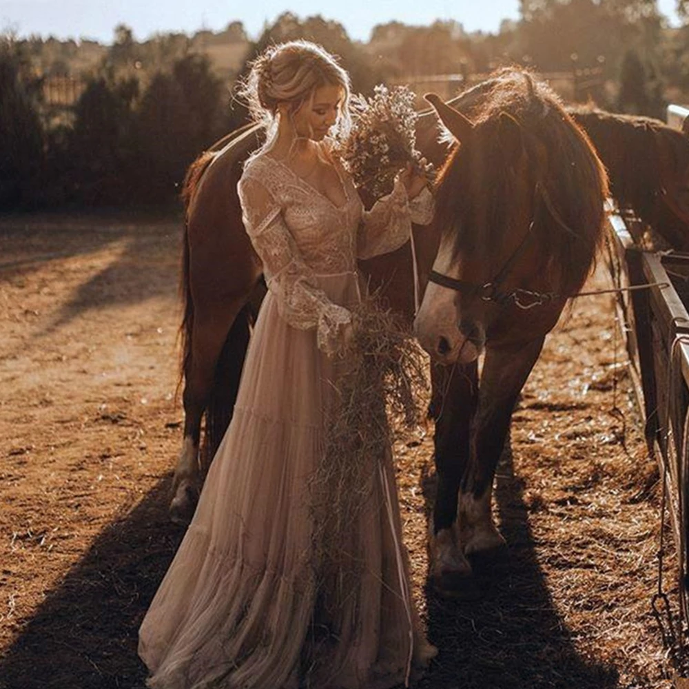 

Off Shoulder Champagne Wedding Dress V Neck Sleeves Lace Boho Wedding Gown Custom Made A-Line Bridal Dress vestido de noiva