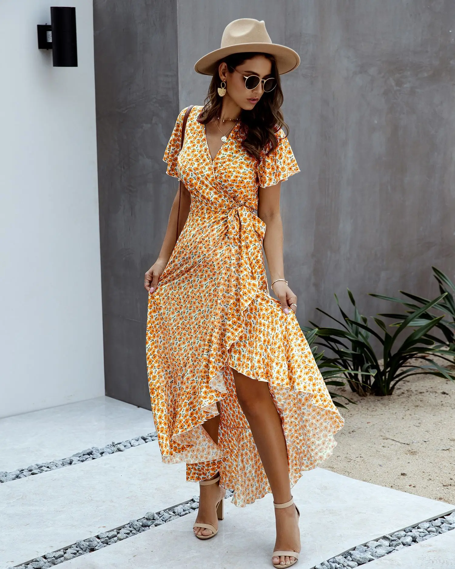 Summer Maxi Dress Women Polka Dot Sexy V Neck Ruffles Short Sleeve Holiday Long Beach Sundress Ladies Lace Up Wrap Party Dresses