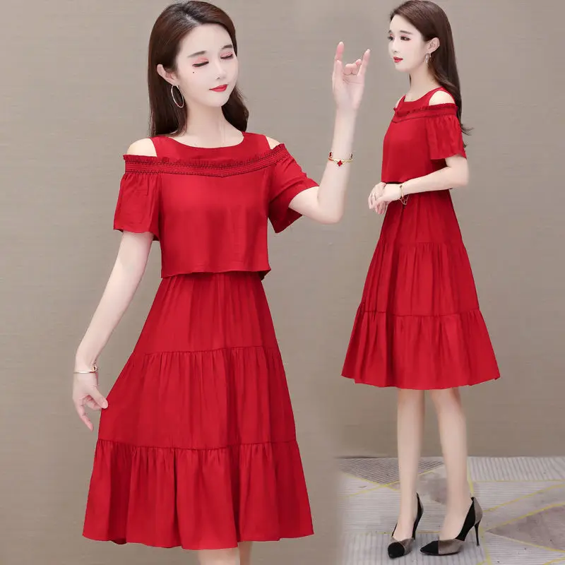 

Party Summer Dress Vivid Solid Red Beach Dresses Female Off Shoulder Long Vestidos Sexy Sundress Casual A-line Midi Boho Dress