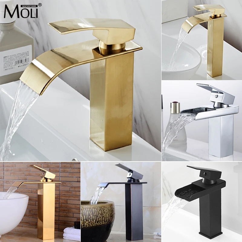 MOLI Basin Faucets Waterfall Luxury Waterfall Gold Bathroom Sink Faucet  Basin Mixer Tap Hot and Cold Water Mixer Tap MLFCT007
