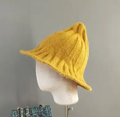 yellow Новинка, современная женская шапка ведьмы, зимняя вязаная Панама, складная шапка, костюм, острый, одноцветная, теплая, Рыбацкая шапка - Цвет: yellow