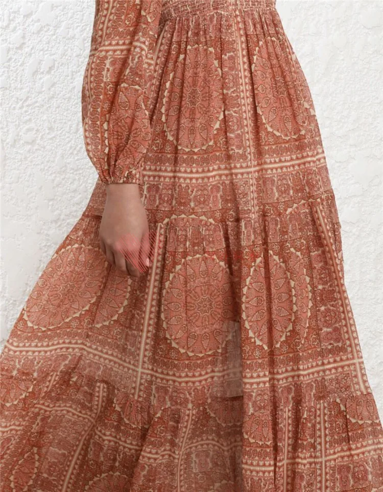 HAMALIEL дизайнерское подиумное женское праздничное Макси-Платье на осень и весну с принтом, шифоновые оранжевые вечерние длинные платья с рукавом-фонариком в винтажном стиле
