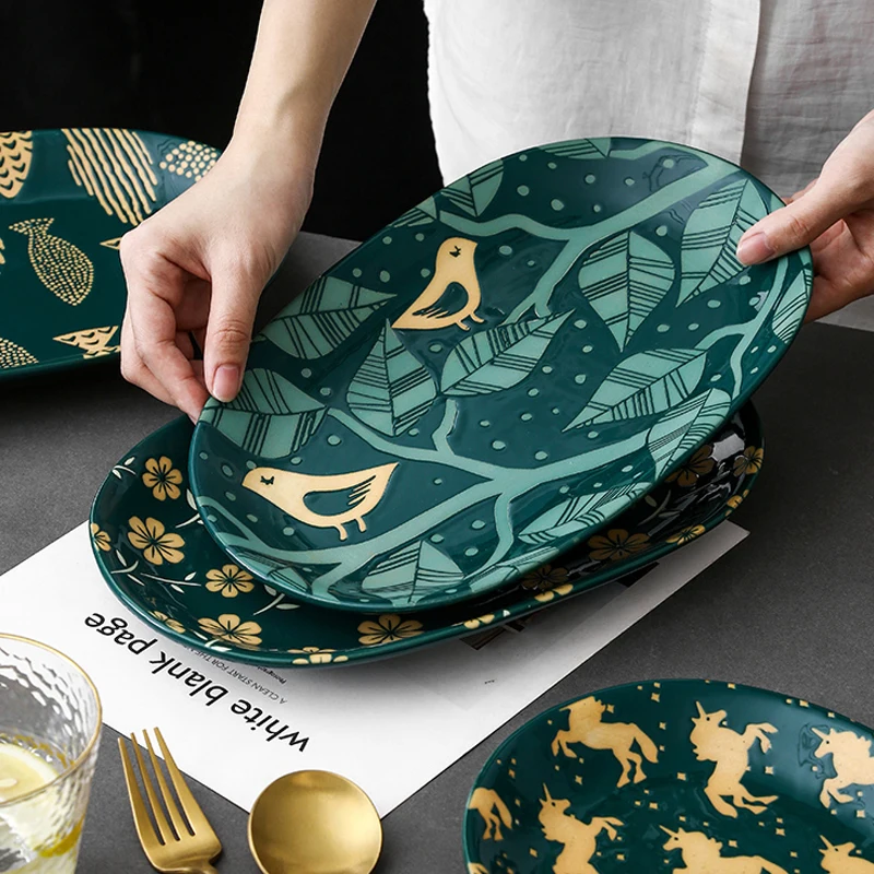Plato de cerámica ovalado para servir Ave selvática, plato de cena de 12 pulgadas con Ilustración Creativa de flores, peces y animales|Fuentes y platos| - AliExpress - Platos increíbles para tu mesa