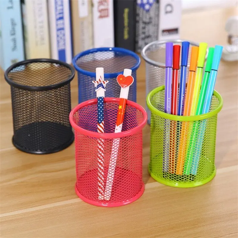Metal Mesh Pencil Case Round Square Holder Office Desk Pen Stand Stationery Organizer Storage |