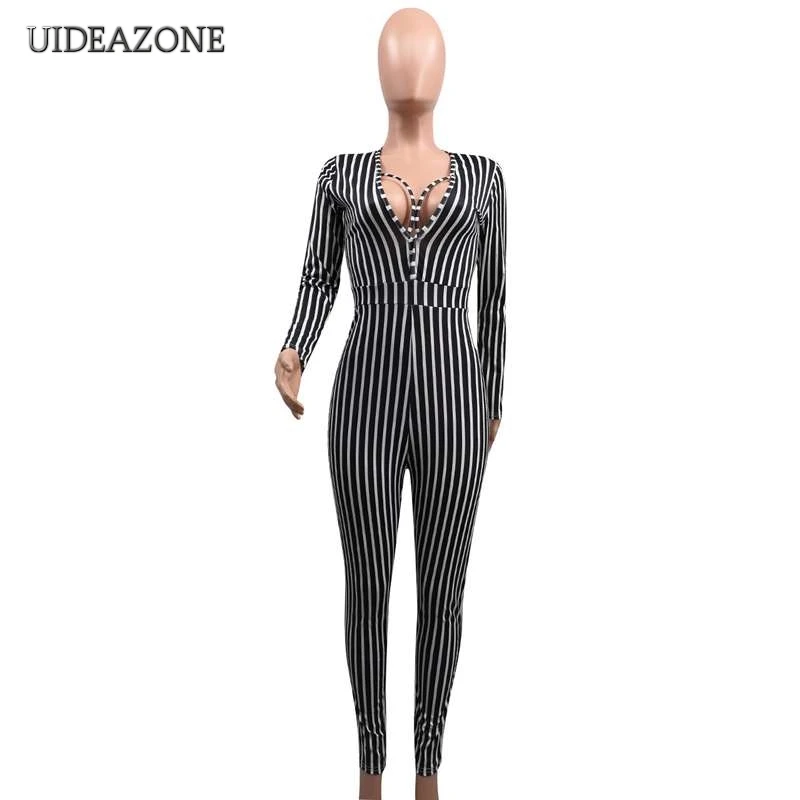 UIDEAZONE Striped Full Sleeve Jumpsuits Women Sexy Line Contrast Color Sports Jumpsuit Ladies Club Playsuits