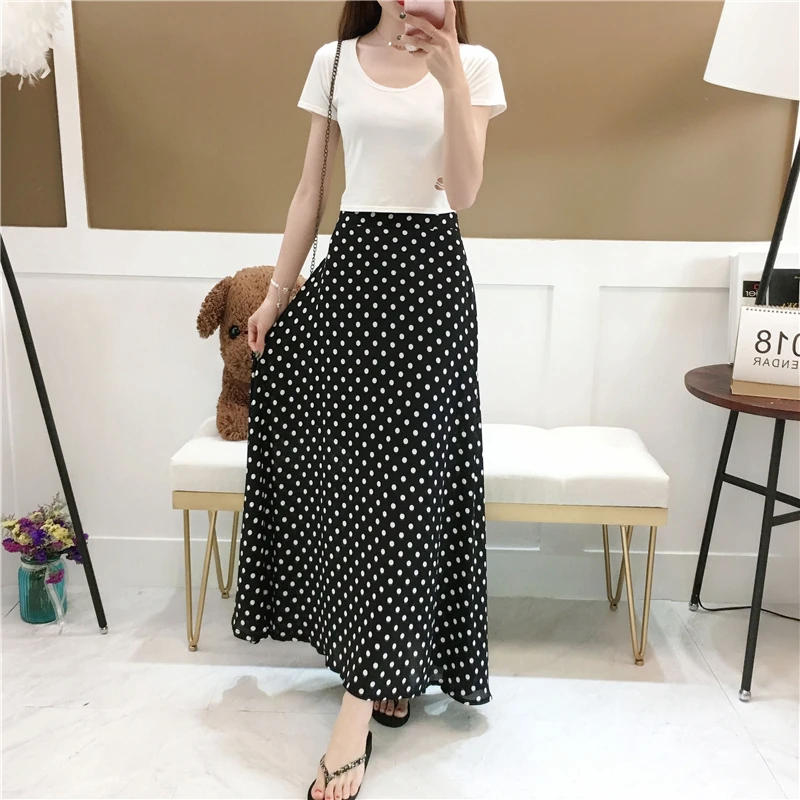 Bevriezen Raadplegen Te voet Vintage Lange Stippen Rok Zomer Casual Hoge Taille Koreaanse Chiffon Rokken  Womens Elegante Zwarte Enkel Leng Rok Lente zomer|Rokken| - AliExpress