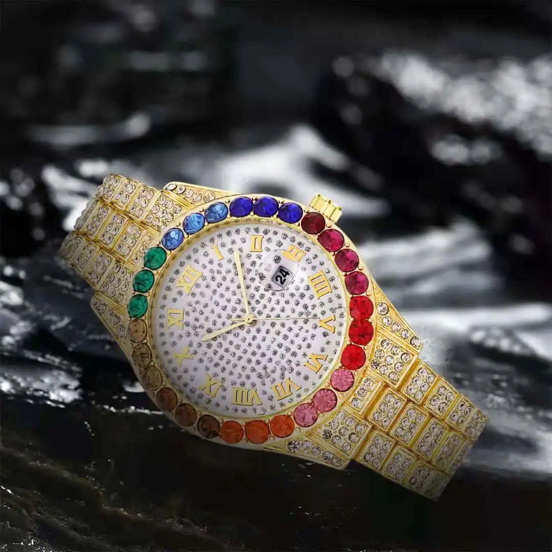 Ladies Iced Out Watch for Women Luxury Colourful Women Gold Watch Fashion Diamond Crystal Bling Bling Hip Hop Watch Reloj Mujer