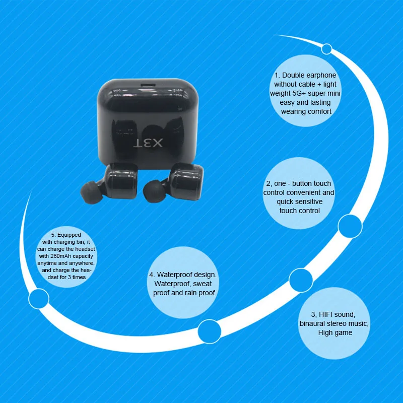 TWS X3T настоящая Беспроводная стереогарнитура Bluetooth гарнитура Портативные небольшие наушники с Bluetooth с микрофоном, применимым к Android/IOS