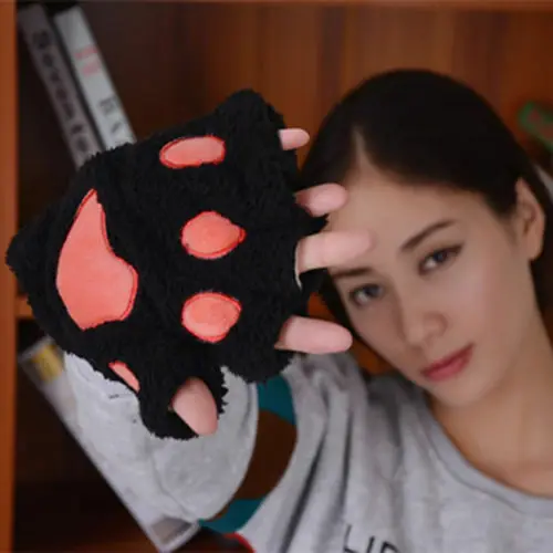 

Winter Lovely Women Bear Cat Claw Paw Mitten Plush Gloves Short Finger Female