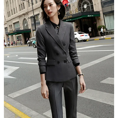 Gray Pant Suits Новые модные серые женские брючные костюмы OL профессиональный бизнес плюс размер длинный рукав Блейзер и брюки Офисная Женская одежда для работы - Цвет: Gray Pant Suits