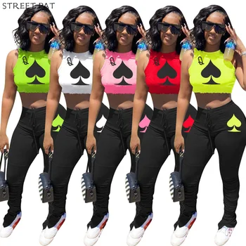 

Poker Q Two Pieces Set Women Tracksuits Sexy Crop Tank Top Stacked Leggings Pants Suit Fitness Outfits Matching Sets
