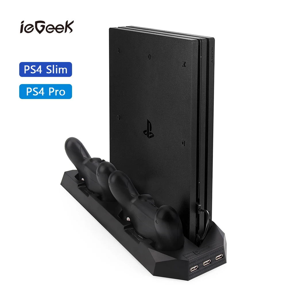 2in1 PS4 Pro PS4 Slim Vertical Stand with Cooling Fan Cooler Dual Controller Charger Charging Station