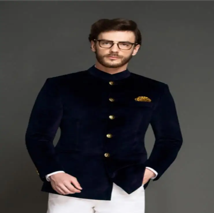

New Fashion Vintage 2 Pieces Slim Fit Velvet Men's Suit Weeding Suit Prom Party Dress Blazer (Black Jacket+Ivory Pants)