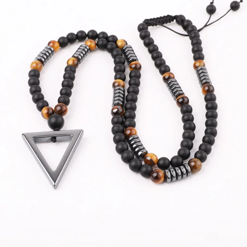 High Quality 24 Inches New Design Natural Stone Matte Onyx Tiger Eye Beads Hematite Triangle Charm Pendant Necklace For Men - Image 4