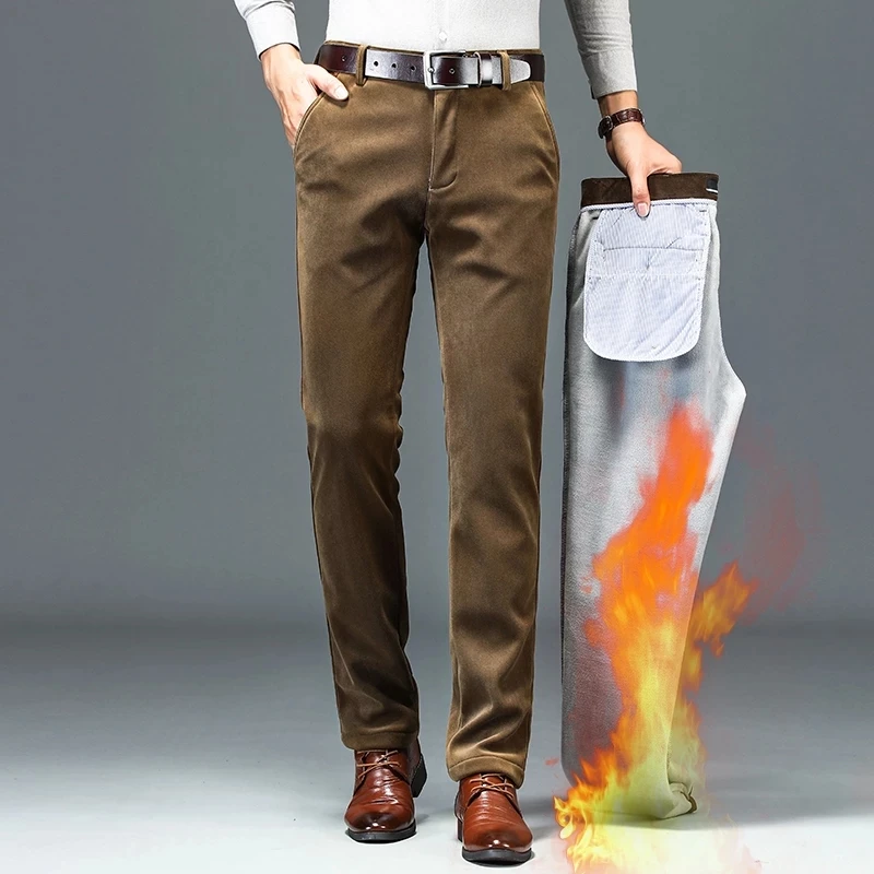 New Fashion Brand High Quality Cashmere Trousers Men Winter Plus Velvet Thick Warm Men's Corduroy Pants Loose Straight | Мужская