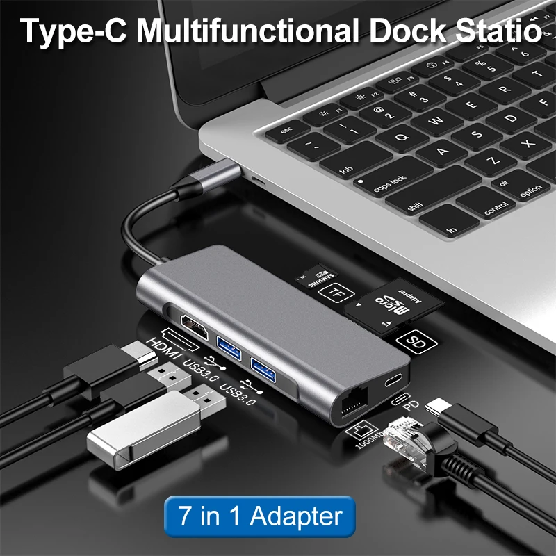Высокая хаб передачи данных SD/TF карты 7 в 1 концентратор USB TYPE C с 4K HDMI 2 портами
