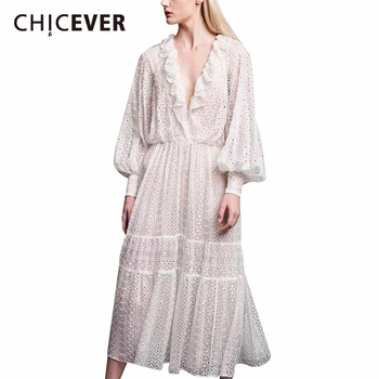 

CHICEVER Vintage Patchwork Ruffle Hollow Out Women's Dresses V Neck Lantern Long Sleeve High Waist Dress Female 2020 Fashion