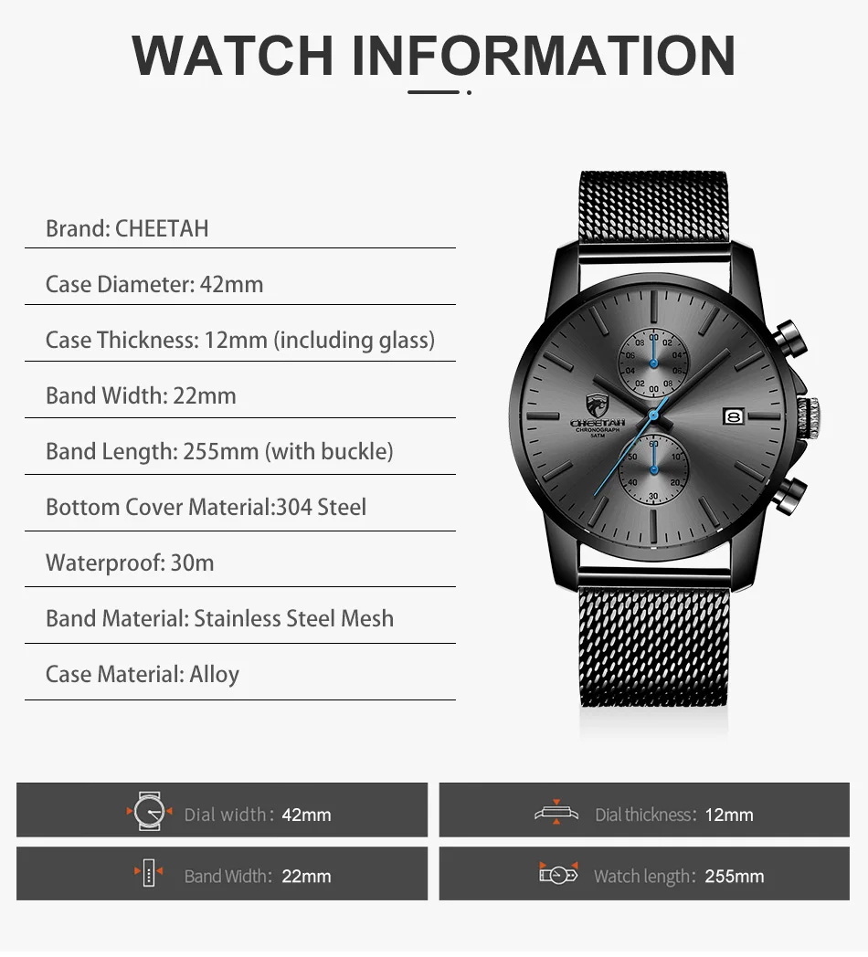 Men's Watch CHEETAH Luxury Brand Men Fashion Quartz Watches Full Steel Mesh Business Male Clock Chronograh Relogio Masculino