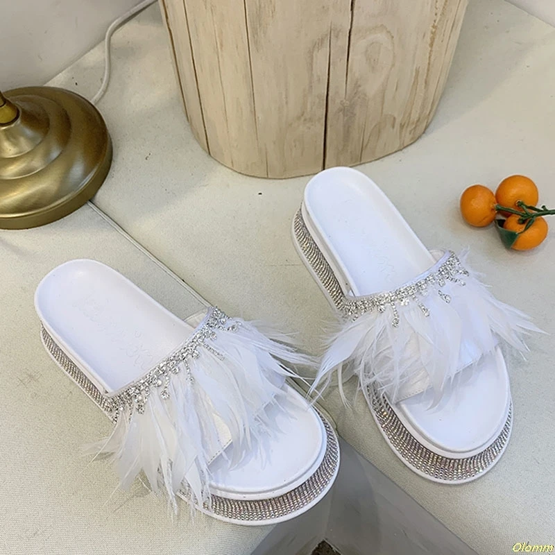 

White Palms Crystal Slides Shoes Women Flip Flops Flat With Casual Shoes Transparent diamond rhinestone slippers