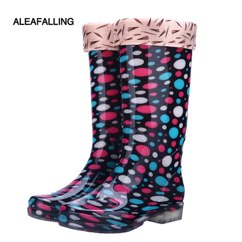 Aleafalling High Tube Women's Rain Boots Colorful Fashion Rain Shoes Slip Wear High RainBoots Warm Water Female Shoes