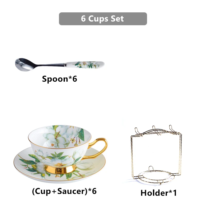 6Cups n Holder Элегантный костяной фарфор, чайная чашка, блюдце, ложка, набор, 200 мл, пасторальная фарфоровая кофейная чашка, чай, время, керамическая чайная чашка, кафе, чашка эспрессо - Цвет: 6Cups n Holder