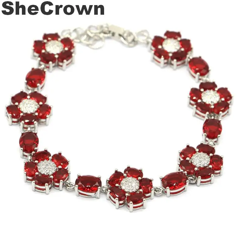 

28x14mm Deluxe Created Red Blood Ruby White CZ Woman's Party Silver Bracelet 7.0-8.0in "