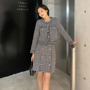 

2020 Autumn Winter Vintage Elegant Tweed 2 Piece Set Women Slim Jacket Coat Mini Skirt Suit Two Piece Outfits crop top conjuntos