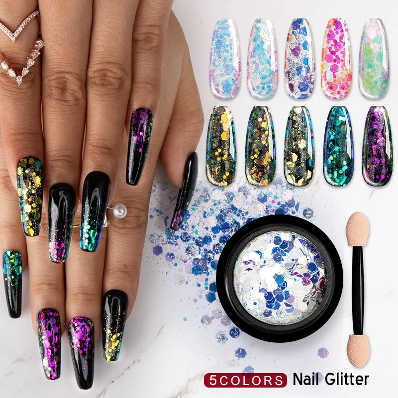

Holographic Powder on Nails Laser Silver Glitter Chrome Nail Powder Shimmer Gel Polish Flakes for Manicure Pigment 5-Colors