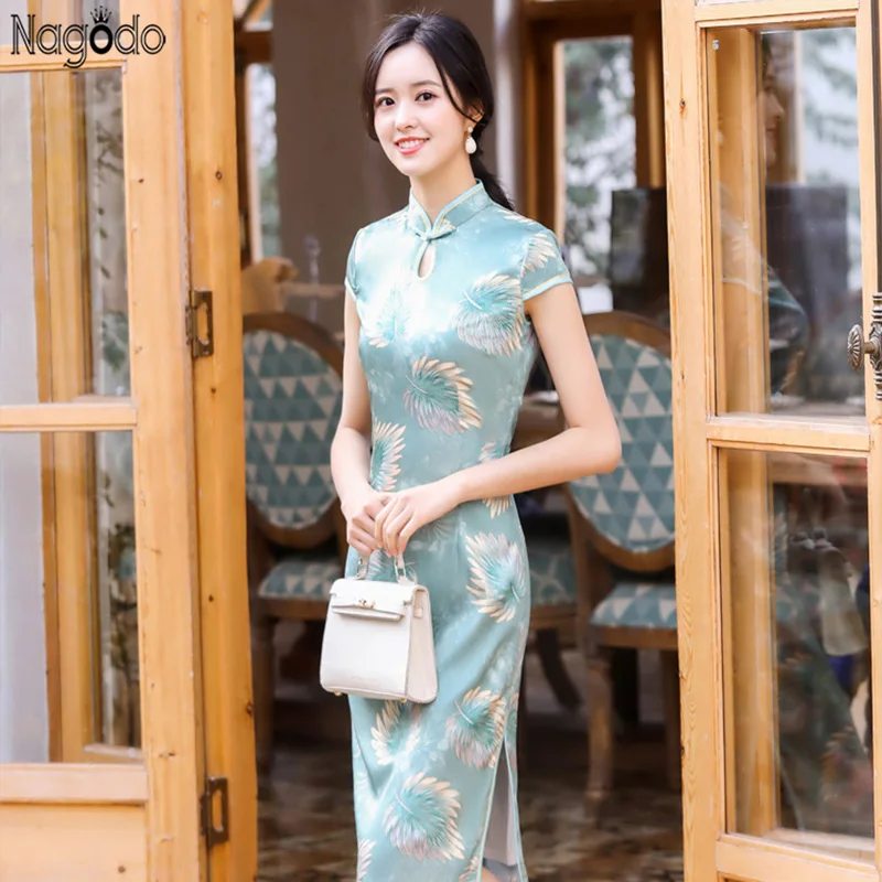 

Nagodo Silk Cheongsam 2020 Summer Print Flower Short Sleeve Chinese Style Modern Qipao Girl Chinese Traditional Dress Plus Size