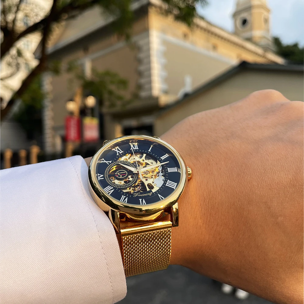 Mechanical Watch Forsining Transparent Case 3D Engraving Men Luxury Skeleton Wrist Watch